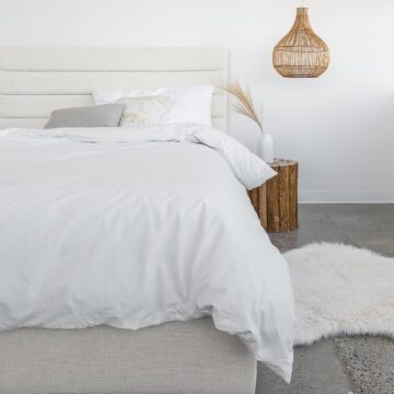 Justin Storage Bed in Cream by Style In Form, lifestyle shot featuring a comfortable frame suitable for contemporary bedrooms and condos